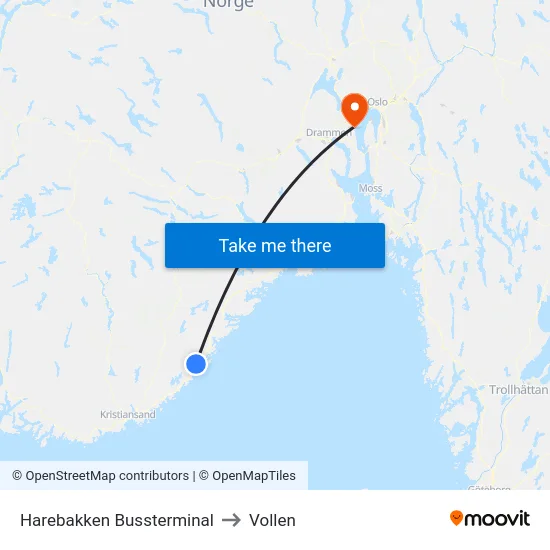 Harebakken Bussterminal to Vollen map
