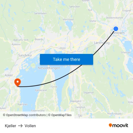 Kjeller to Vollen map