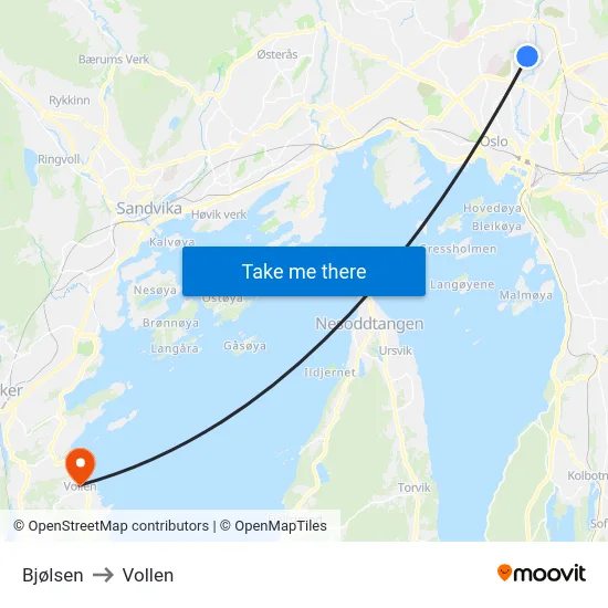 Bjølsen to Vollen map