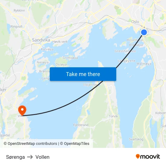 Sørenga to Vollen map