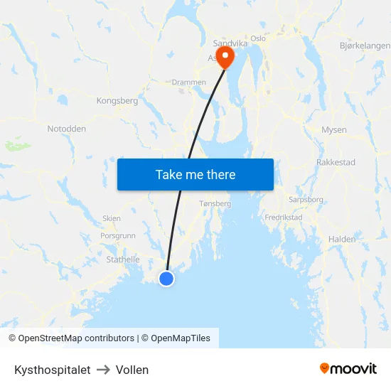Kysthospitalet to Vollen map