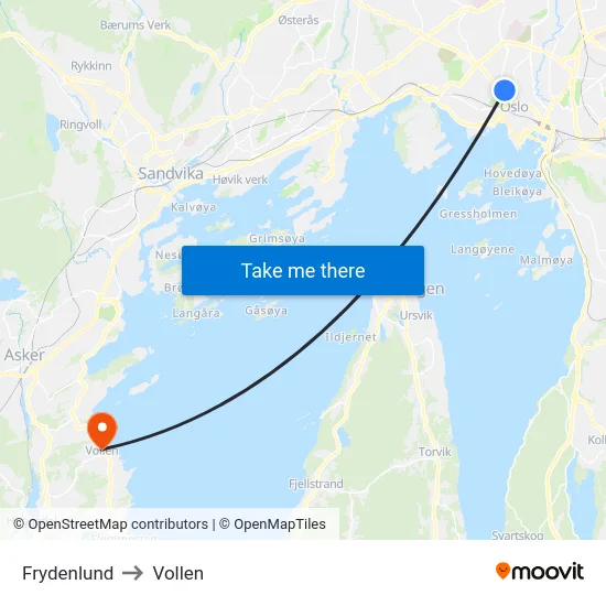 Frydenlund to Vollen map