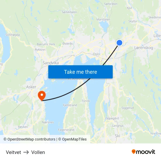Veitvet to Vollen map