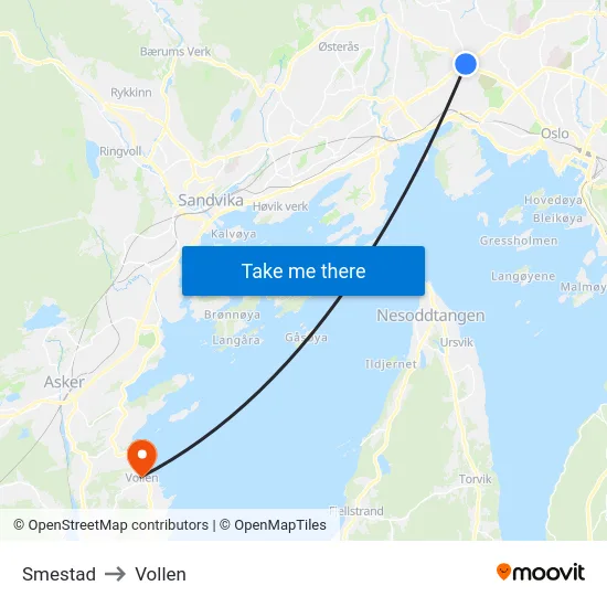 Smestad to Vollen map