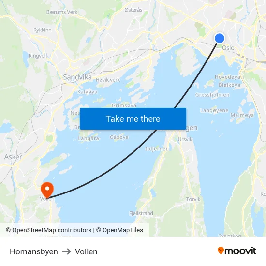 Homansbyen to Vollen map