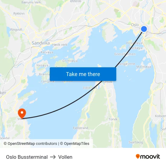 Oslo Bussterminal to Vollen map