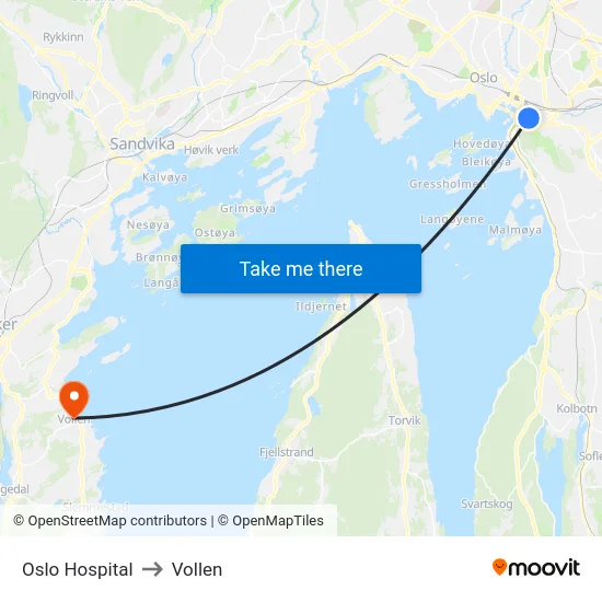 Oslo Hospital to Vollen map