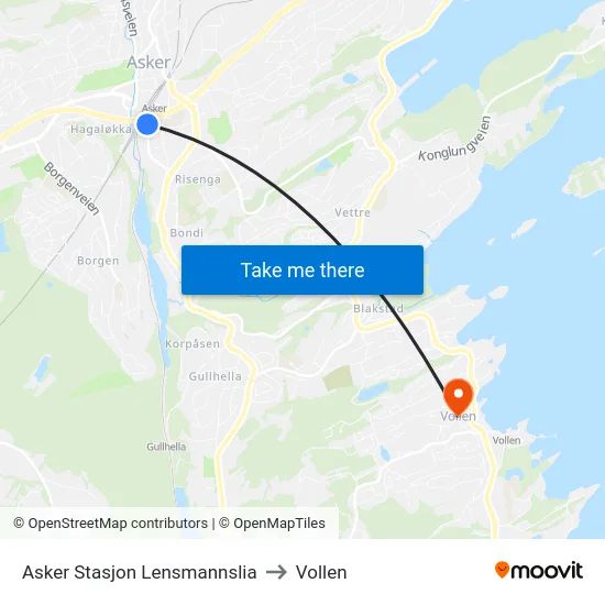 Asker Stasjon Lensmannslia to Vollen map