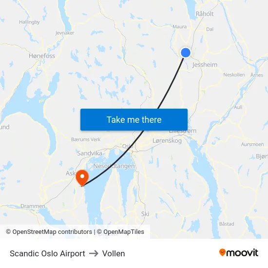 Scandic Oslo Airport to Vollen map