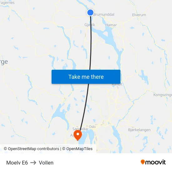 Moelv E6 to Vollen map