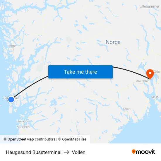 Haugesund Bussterminal to Vollen map