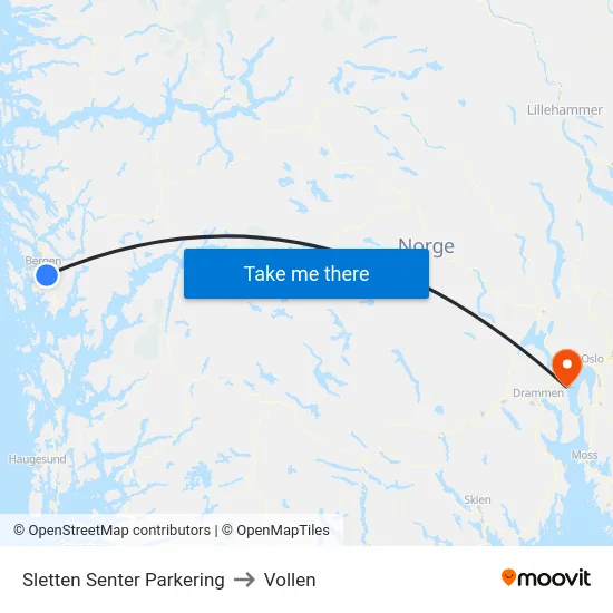 Sletten Senter Parkering to Vollen map