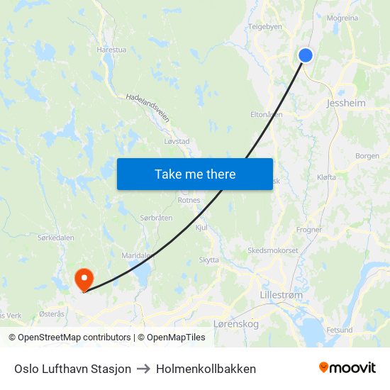 Oslo Lufthavn Stasjon to Holmenkollbakken map