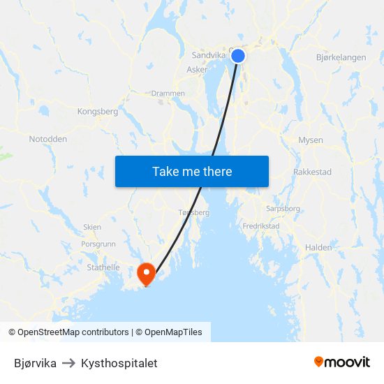 Bjørvika to Kysthospitalet map