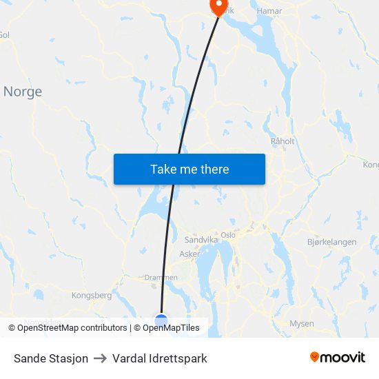 Sande Stasjon to Vardal Idrettspark map