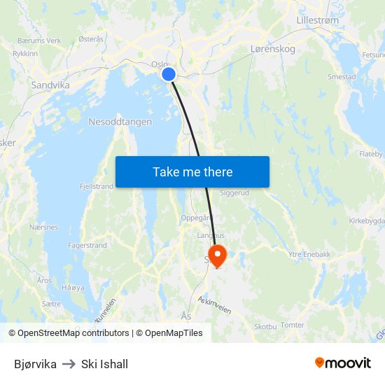 Bjørvika to Ski Ishall map