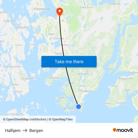 Halhjem to Bergen map
