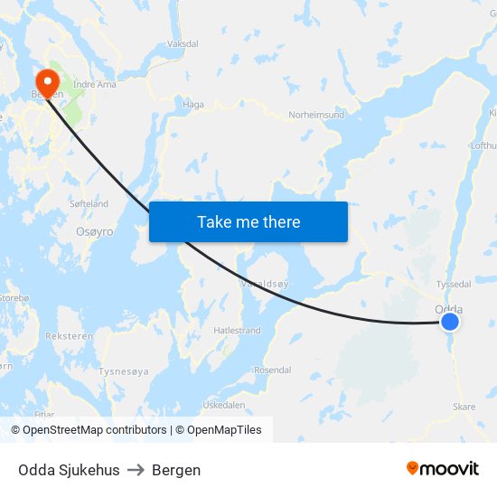 Odda Sjukehus to Bergen map