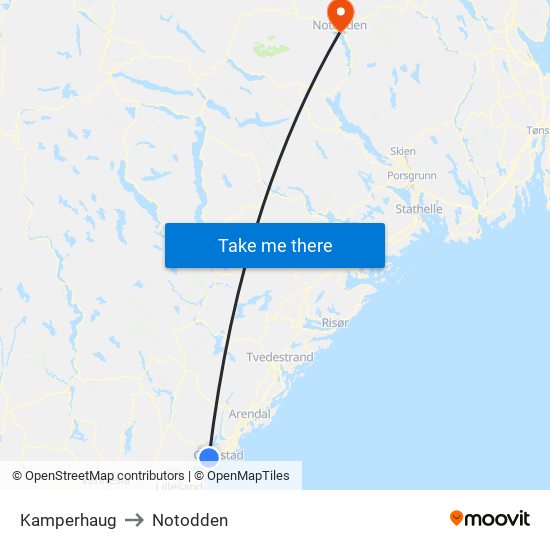 Kamperhaug to Notodden map