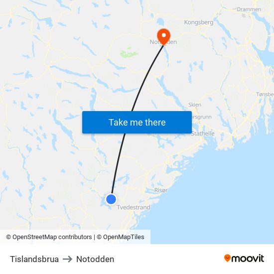 Tislandsbrua to Notodden map