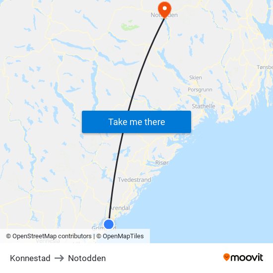 Konnestad to Notodden map