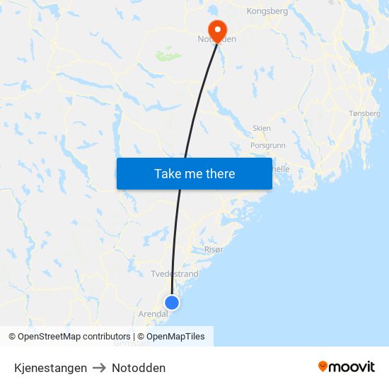 Kjenestangen to Notodden map