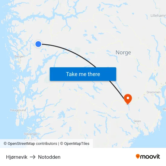 Hjørnevik to Notodden map