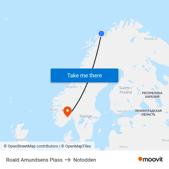 Roald Amundsens Plass to Notodden map