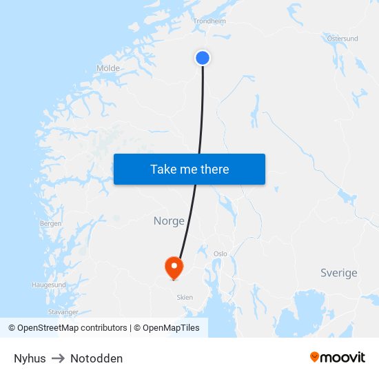 Nyhus to Notodden map