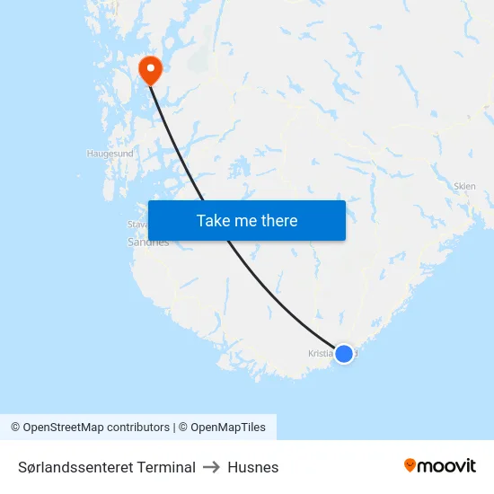 Sørlandssenteret Terminal to Husnes map