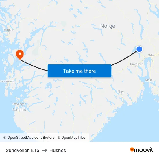 Sundvollen E16 to Husnes map