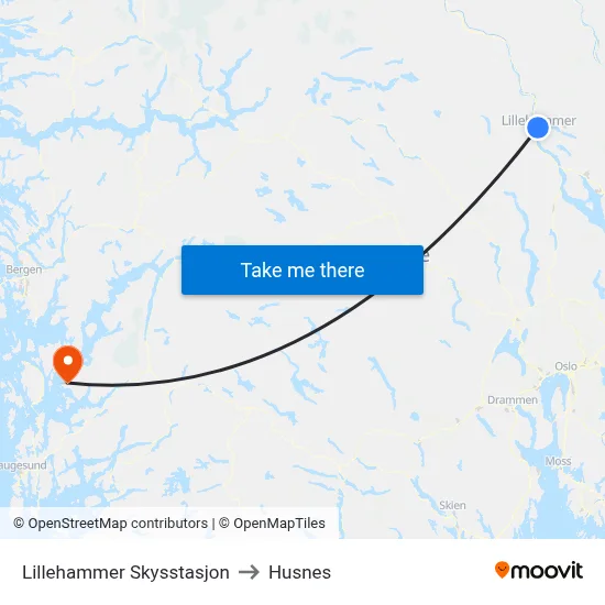 Lillehammer Skysstasjon to Husnes map