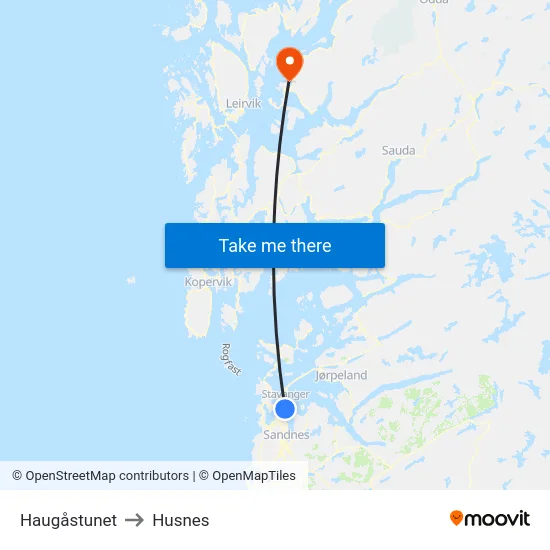 Haugåstunet to Husnes map