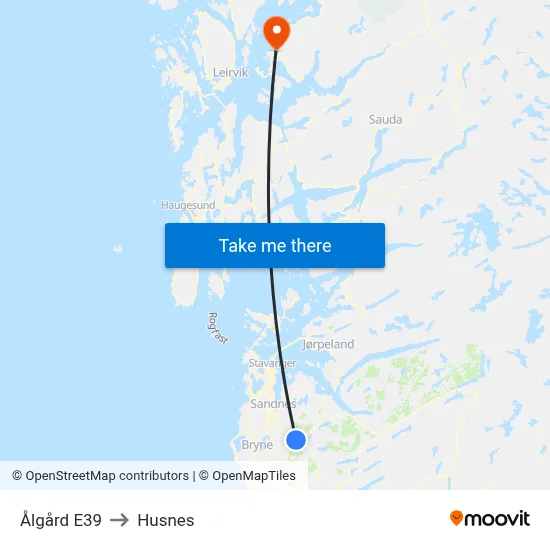Ålgård E39 to Husnes map