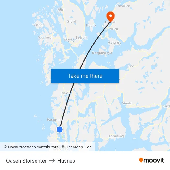Oasen Storsenter to Husnes map