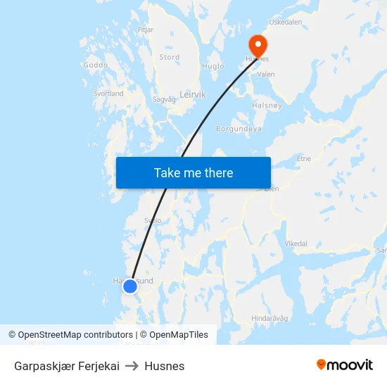 Garpaskjær Ferjekai to Husnes map