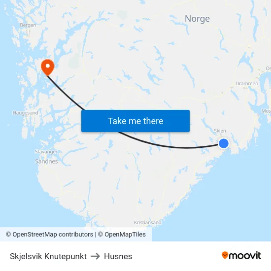 Skjelsvik Knutepunkt to Husnes map