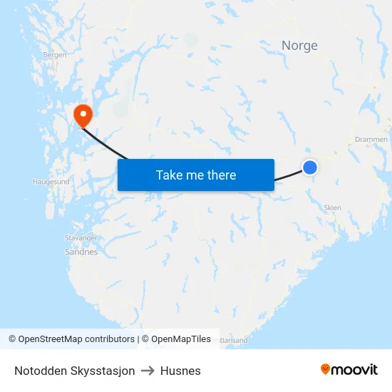 Notodden Skysstasjon to Husnes map