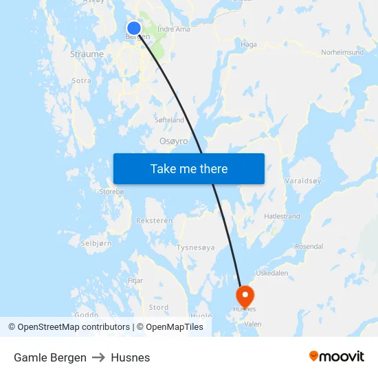Gamle Bergen to Husnes map