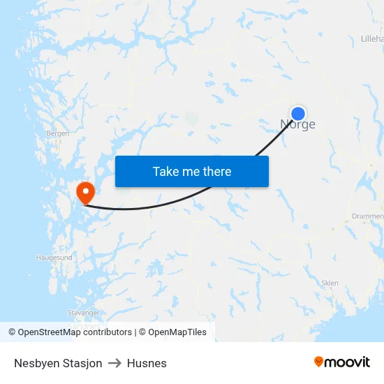 Nesbyen Stasjon to Husnes map