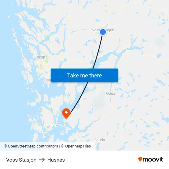 Voss Stasjon to Husnes map