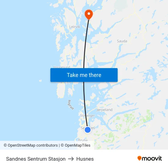 Sandnes Sentrum Stasjon to Husnes map
