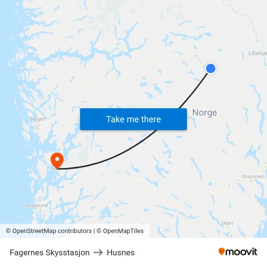 Fagernes Skysstasjon to Husnes map