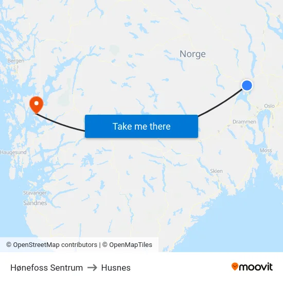 Hønefoss Sentrum to Husnes map