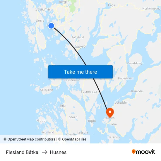 Flesland Båtkai to Husnes map