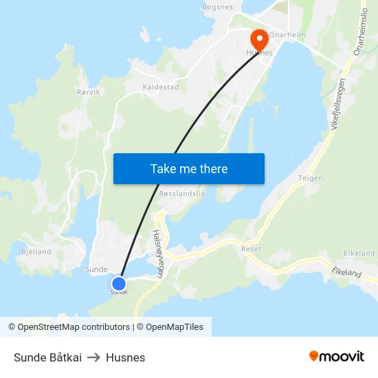 Sunde Båtkai to Husnes map