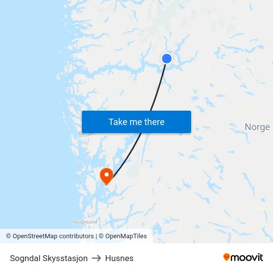 Sogndal Skysstasjon to Husnes map