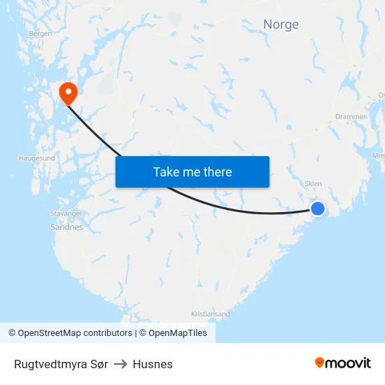 Rugtvedtmyra Sør to Husnes map