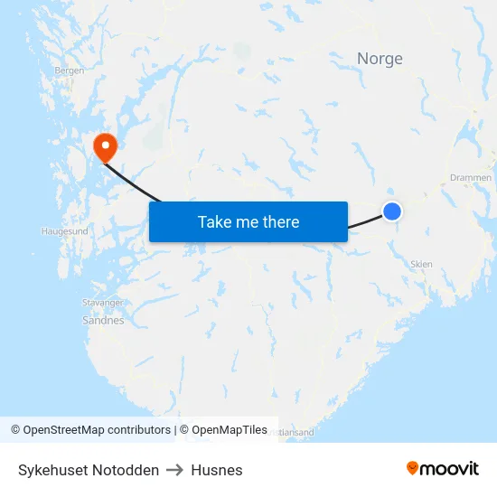 Sykehuset Notodden to Husnes map
