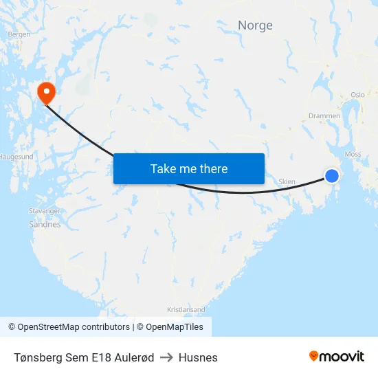 Tønsberg Sem E18 Aulerød to Husnes map
